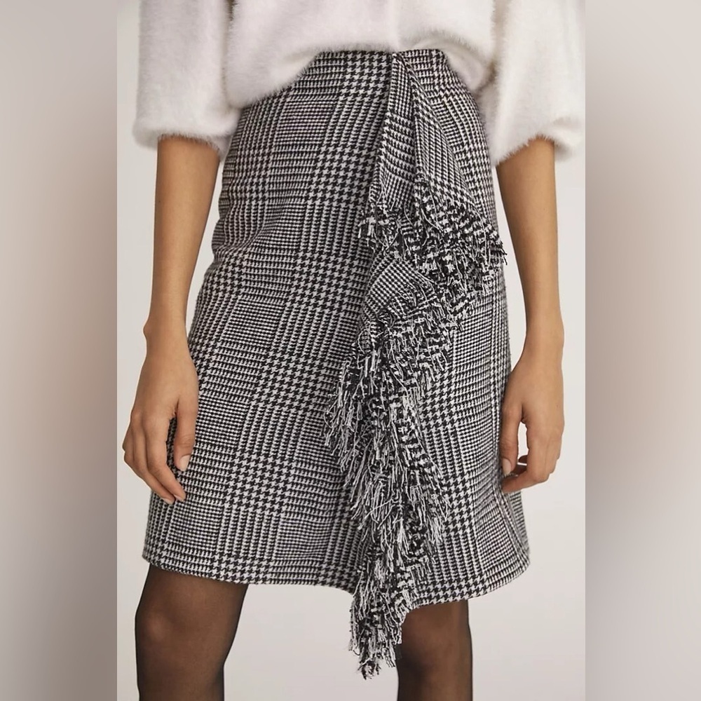 NWT Mare Mare x Anthropologie Houndstooth Fringe Mini Skirt Preppy Black White L